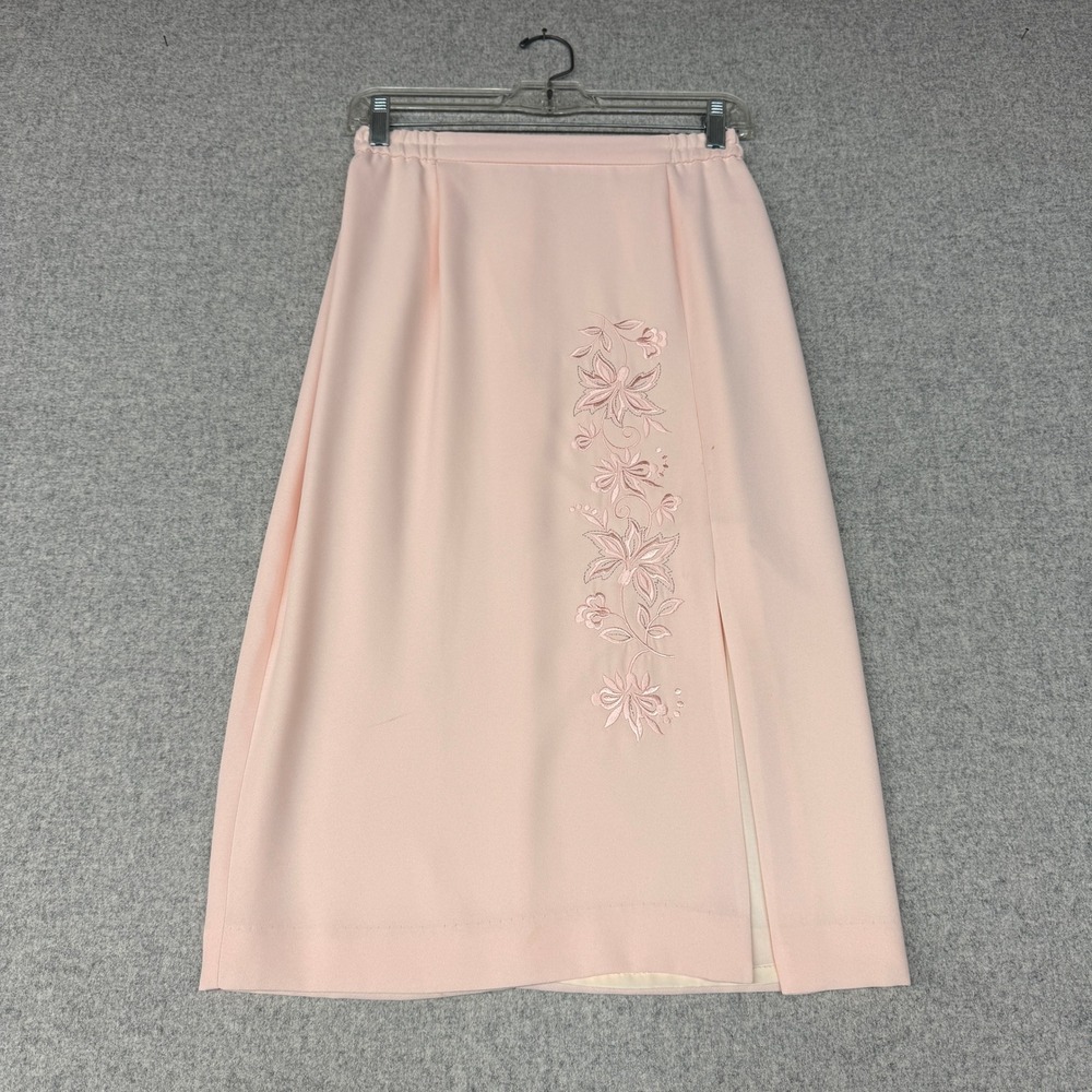Vintage Floral Embroidered Midi Skirt 4P Pink High Waist Slit Lined Elegant